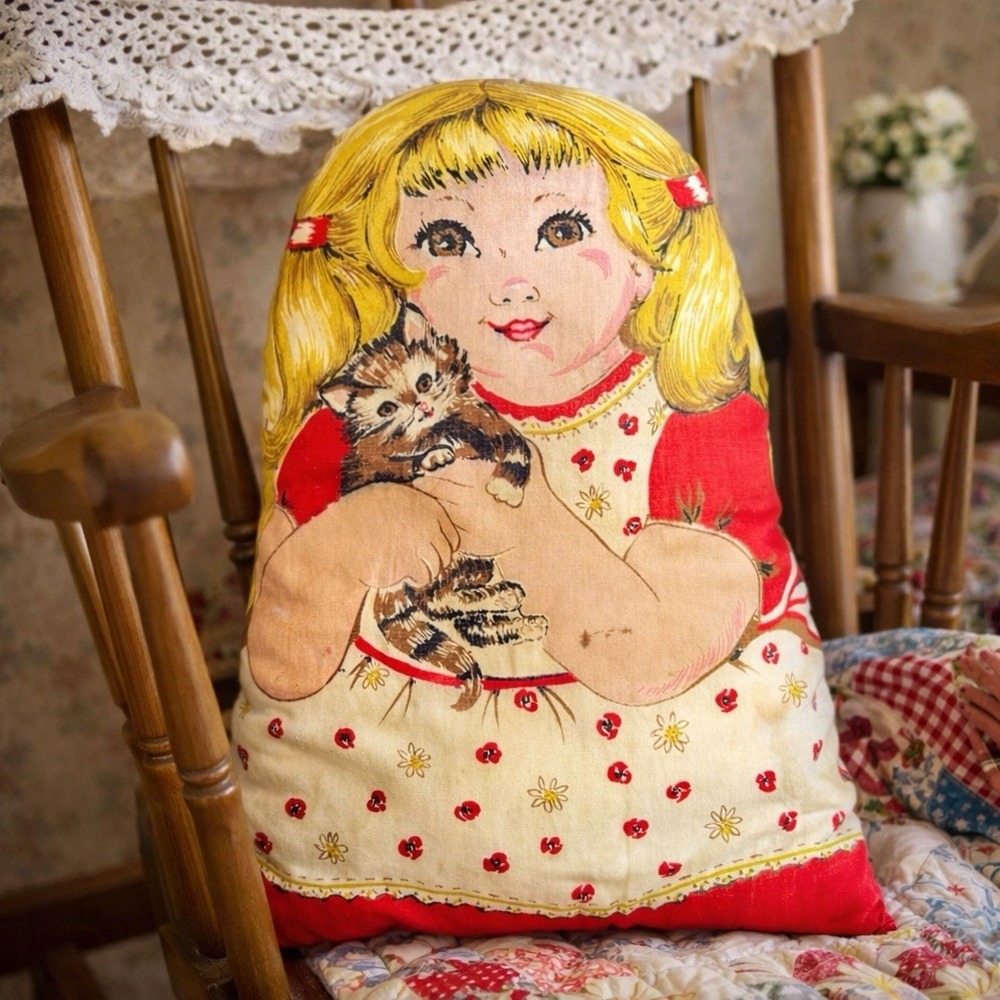 VTG 1970s Girl Kitten Cut & Sew Pillow Doll Plush Fabric Panel 13" Complete
